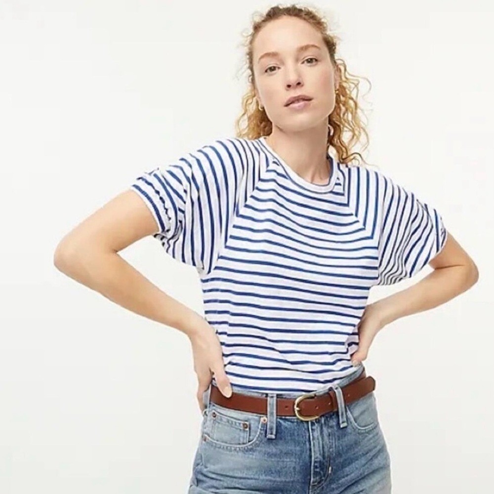 J. Crew Blue and White Striped Puff Sleeve Cotton Top Tee Shirt Size Small